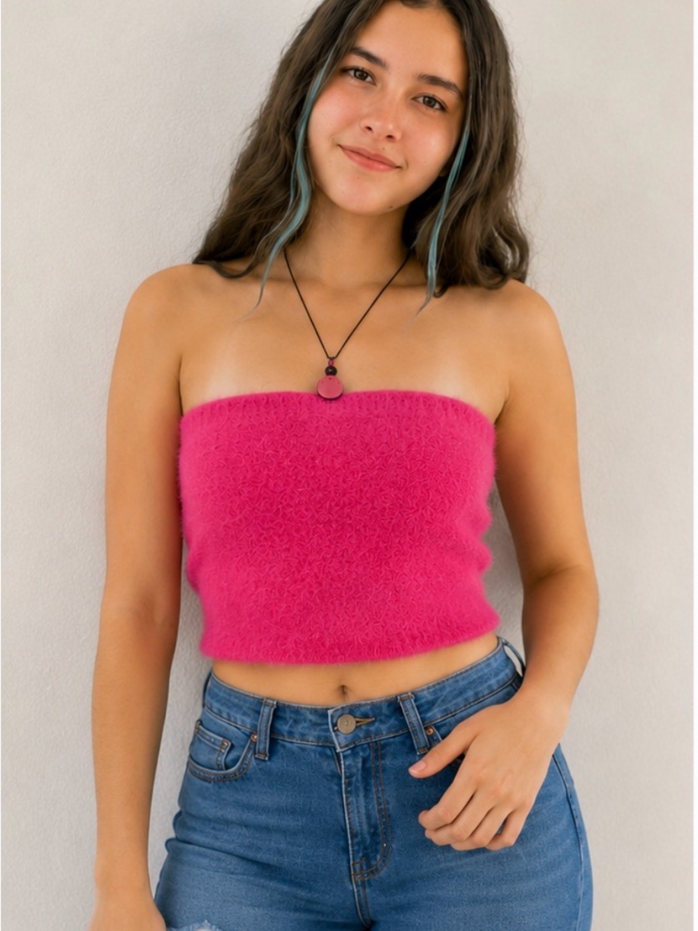 Kendall & Kylie Fuzzy Strapless Crop Top - Hot Pink